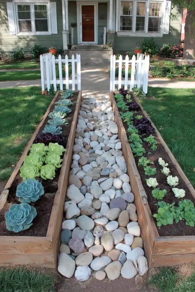 front yard with raised flower beds and neatly arranged plants