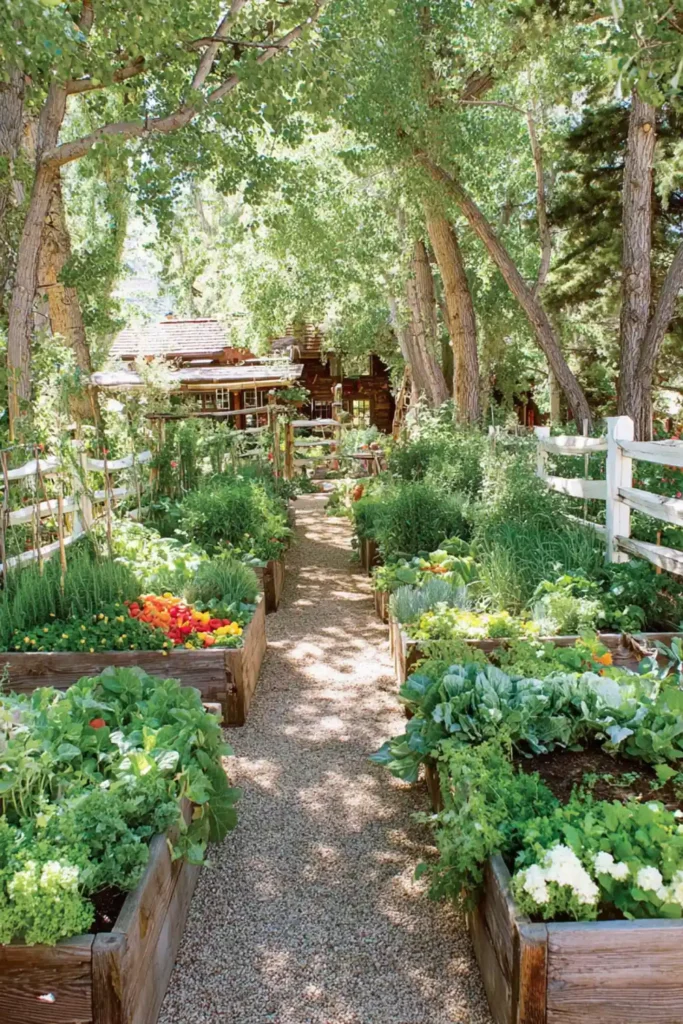 backyard garden with wooden raised beds growing herbs and vegetables