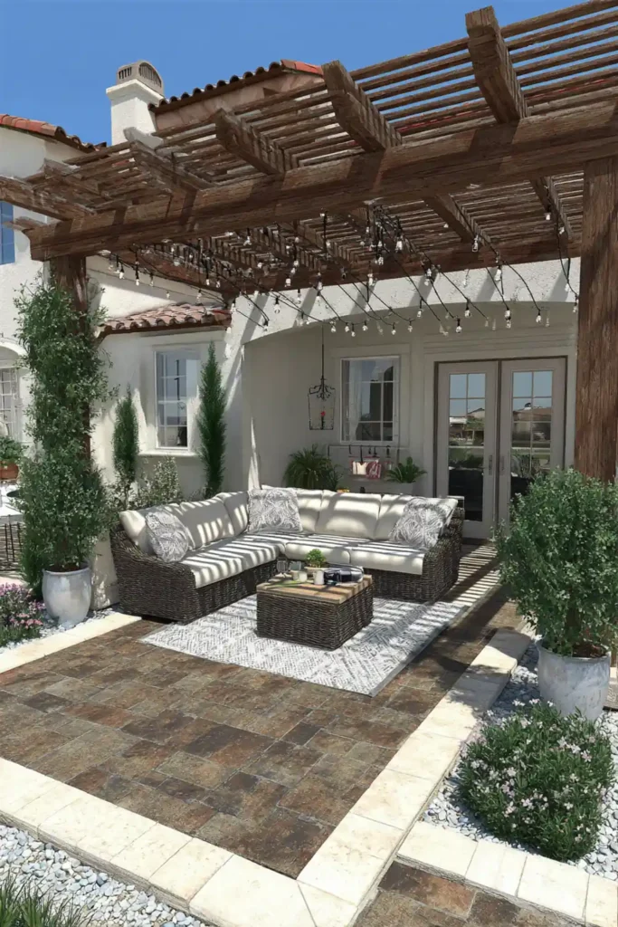 Smart Small Patio Designs That Enhance Space and Style 5 Rectangular concrete patio upgraded with pergola, outdoor seating, and soft lighting