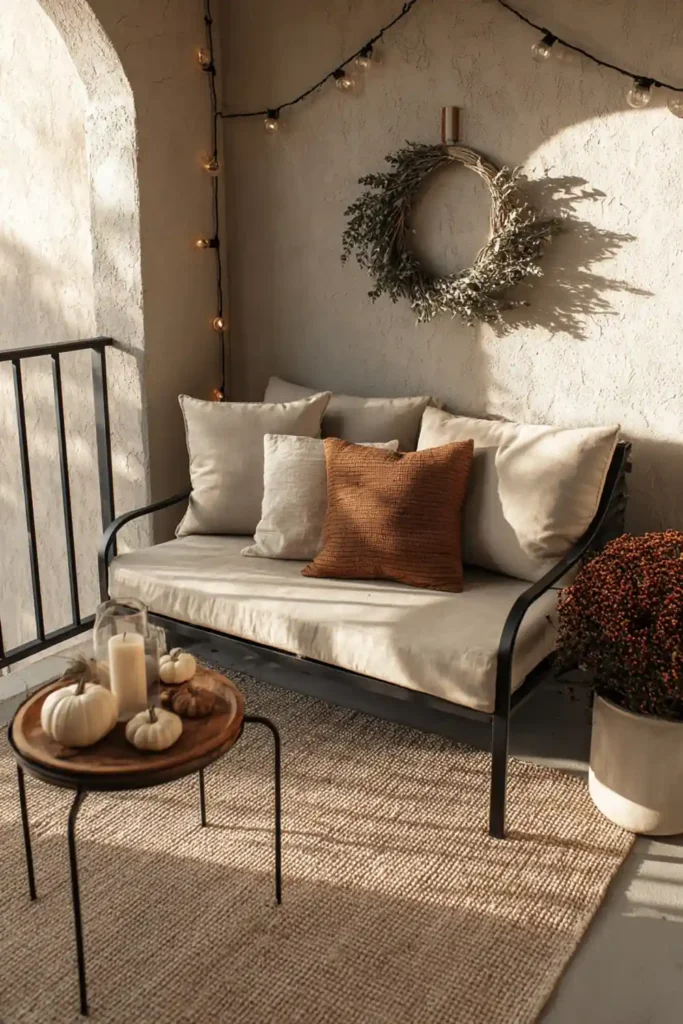 Cozy Fall Patio Styling Ideas for a Warm Outdoor Retreat 10 Renter-friendly fall outdoor patio styling with layered rug, removable wreath, and warm lighting