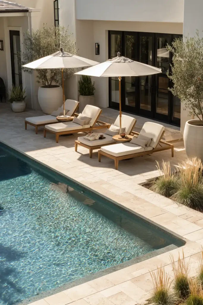 Stunning Backyard Pool Lounge Decor Ideas 2 Symmetrical backyard pool lounge decor layout with teak loungers and umbrellas beside pool