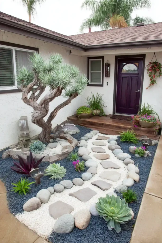 front yard with dry riverbed stones and native plants in a natural layout