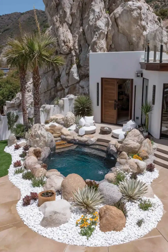 Above-ground pool with rock landscaping and drought-tolerant plants