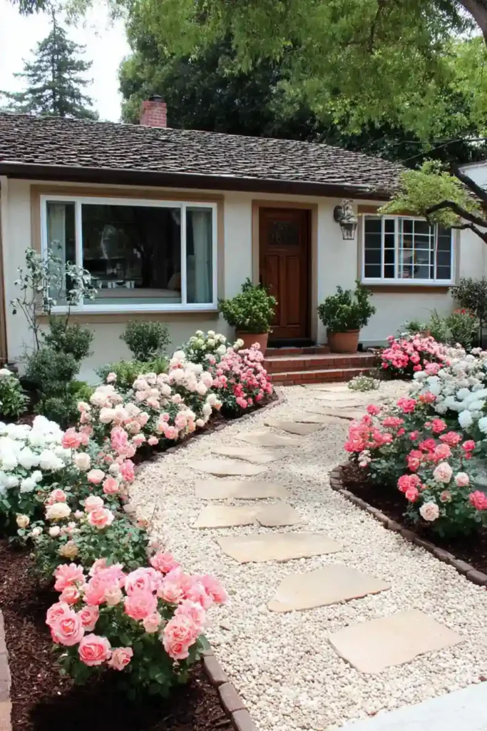front yard walkway lined with blooming rose bushes