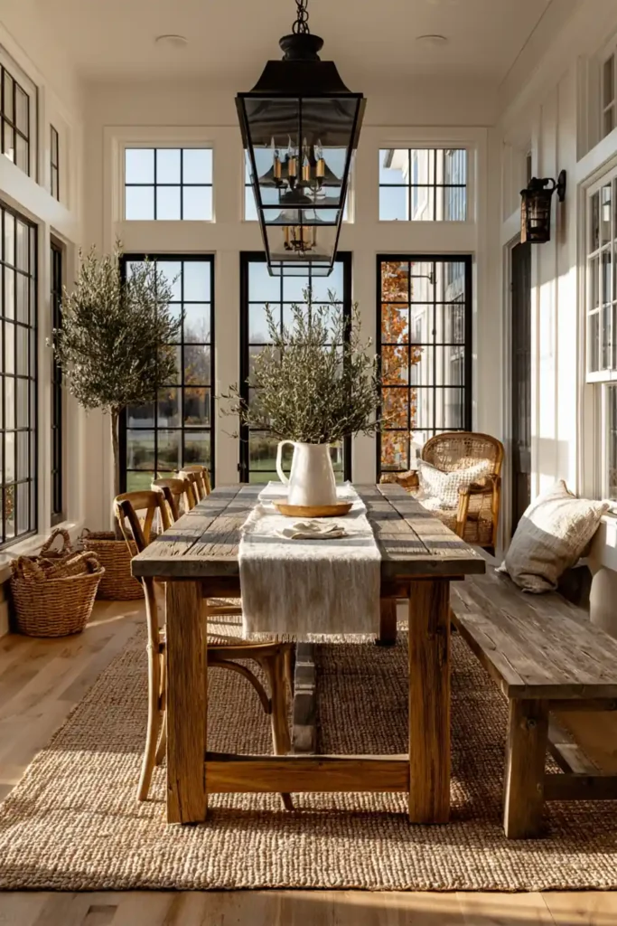 Beautiful Sunroom Dining Room Design Ideas 6 Rustic farmhouse sunroom dining room with reclaimed wood table and cross back chairs