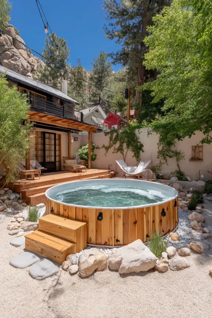 Above-ground pool with cedar siding, gravel ground, and natural stone accents