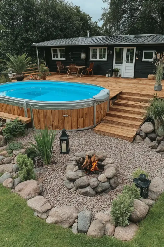 rustic above ground pool with wood cladding and stone firepit in a countryside backyard