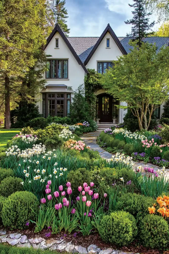 garden flowerbed with tulips and daffodils providing seasonal color