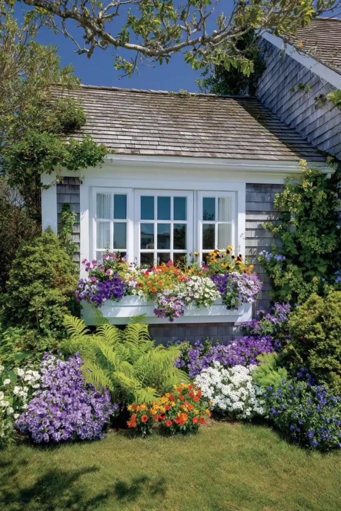 house windows decorated with flower-filled window boxes and trailing plants