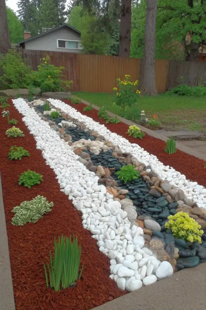 Garden bed divided into sections with pebbles, river rocks, and mulch in an organized layout
