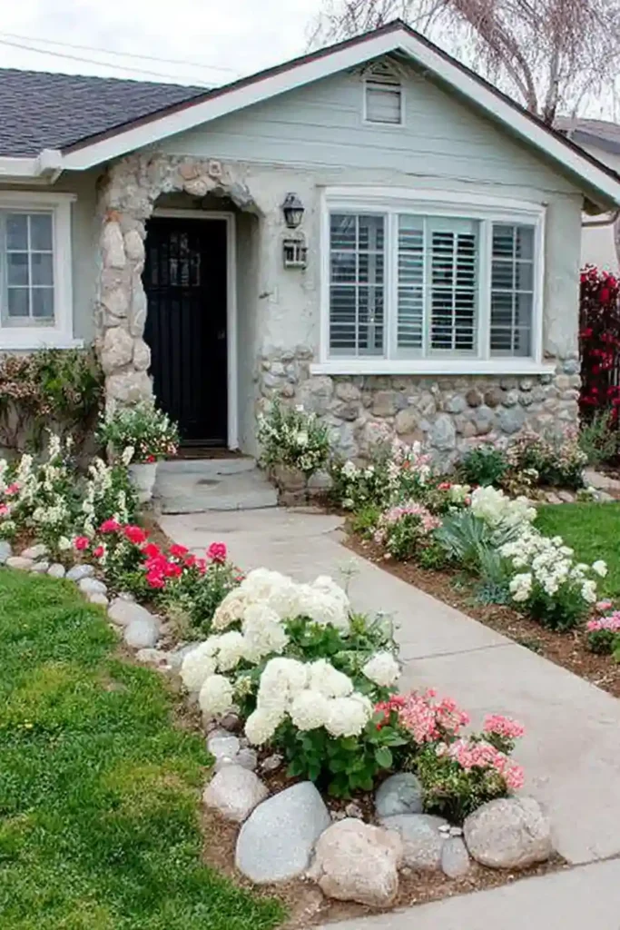 small front yard divided into sections with grass, plants, and a walkway