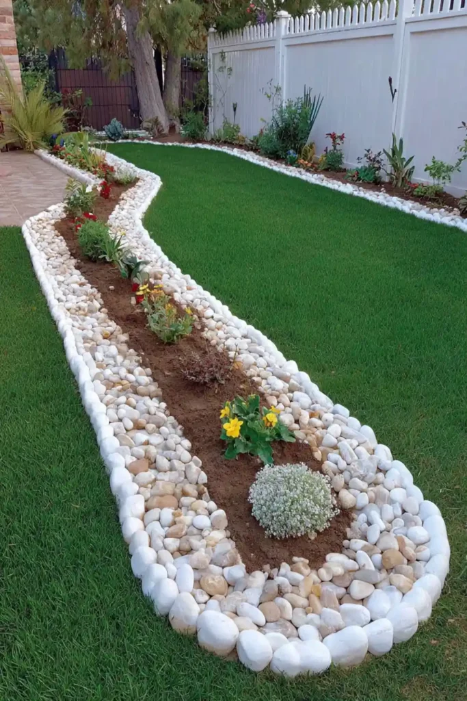 Pebble border defining the edge between lawn and fence area