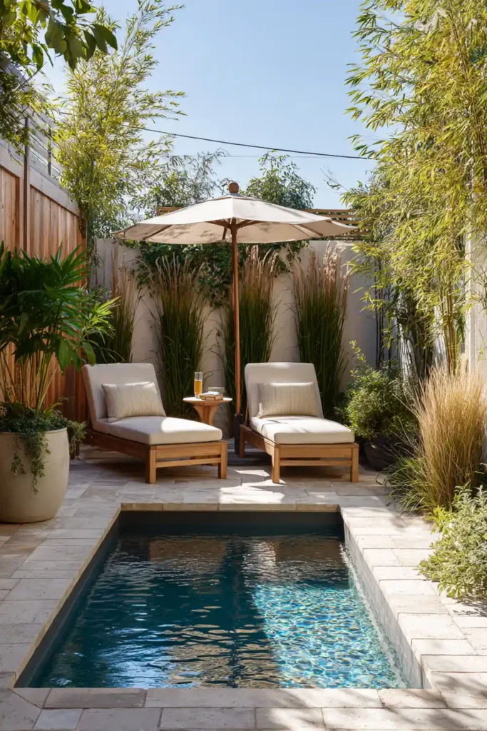 Stunning Backyard Pool Lounge Decor Ideas 12 Small backyard pool lounge decor with two chairs and umbrella beside plunge pool