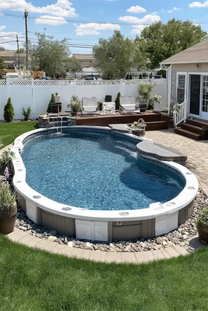 Compact oval semi in-ground pool with patterned liner and small wooden entry deck