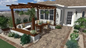 Small patio designs with compact seating, pergola lighting, and simple outdoor furniture in a cozy backyard