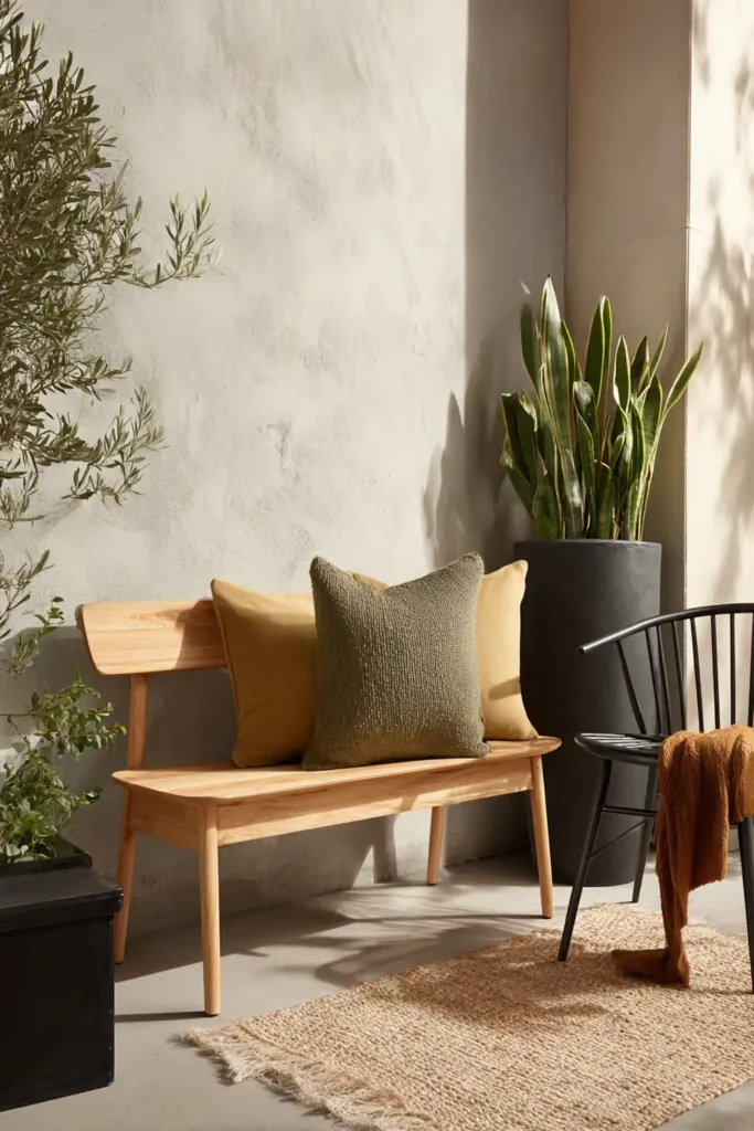 Cozy Fall Patio Styling Ideas for a Warm Outdoor Retreat 3 Small patio fall outdoor patio styling with slim bench, mustard cushions, and layered rug