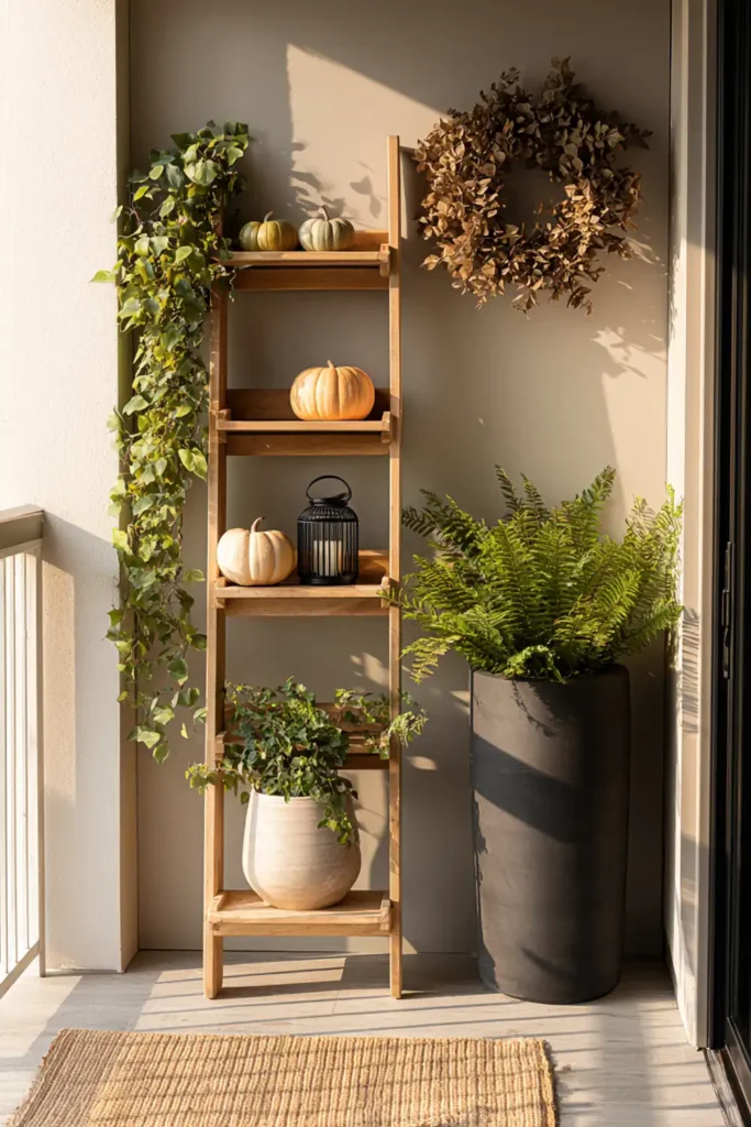 Cozy Fall Patio Styling Ideas for a Warm Outdoor Retreat 9 Vertical fall outdoor patio styling with ladder shelf, wreath, and hanging plants