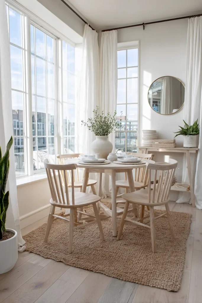 Beautiful Sunroom Dining Room Design Ideas 10 Small sunroom dining room layout with round pedestal table and slim chairs