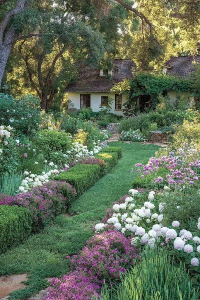 small backyard with neatly trimmed hedges and tidy garden borders