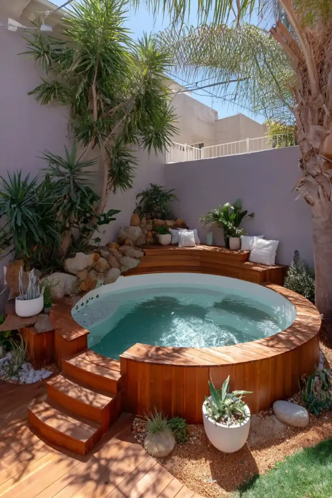 Wooden spiral staircase providing access to a small above-ground pool deck