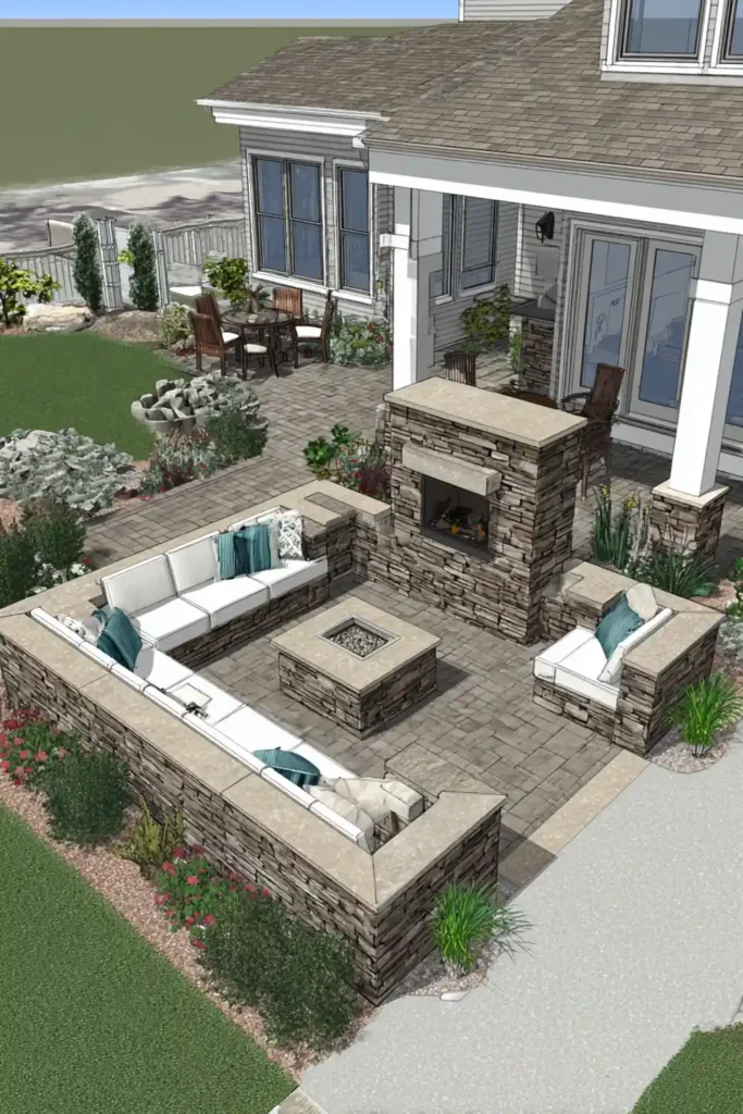 Smart Small Patio Designs That Enhance Space and Style 2 Square patio with built-in seating walls and a small fireplace creating a balanced outdoor space
