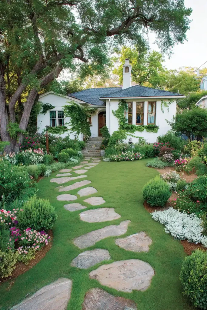winding stone garden path through backyard landscaping