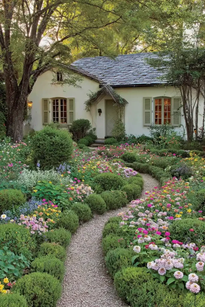 storybook style garden with mixed flowers herbs and winding garden path