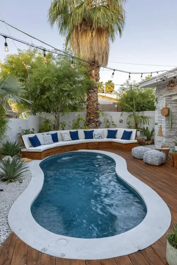 Curved pool deck with overhead string lights creating a warm evening atmosphere