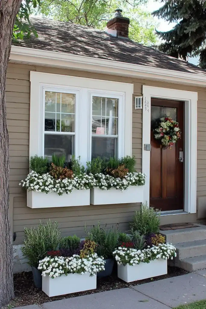 simple window boxes with herbs and small flowers on a home exterior