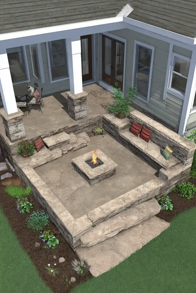 Smart Small Patio Designs That Enhance Space and Style 6 Split-level patio with sunken seating area and central fire pit creating a cozy gathering space