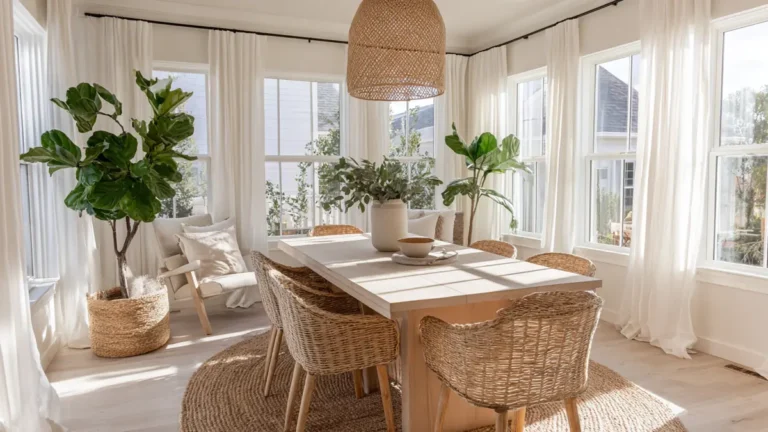 Bright sunroom dining room design with oak table, rattan chairs, plants, and large windows