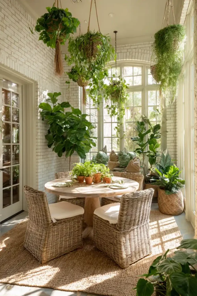 Beautiful Sunroom Dining Room Design Ideas 3 Indoor garden sunroom dining room with plants and wicker dining chairs