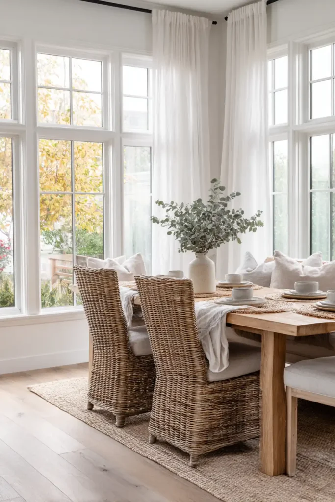Beautiful Sunroom Dining Room Design Ideas 13 Sunroom dining room with linen curtains, jute rug, and natural oak dining table