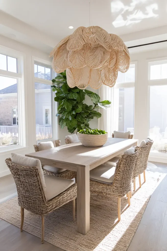 Beautiful Sunroom Dining Room Design Ideas 11 Sunroom dining room with woven chandelier and rattan dining chairs