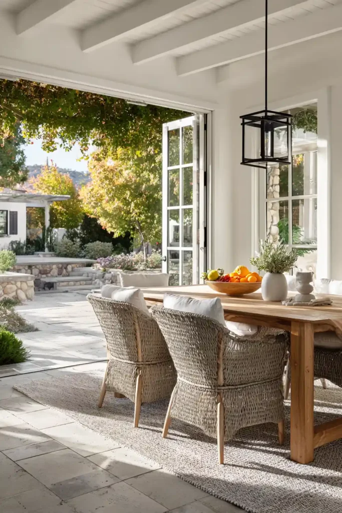 Beautiful Sunroom Dining Room Design Ideas 9 Sunroom dining room with sliding glass doors opening to garden patio