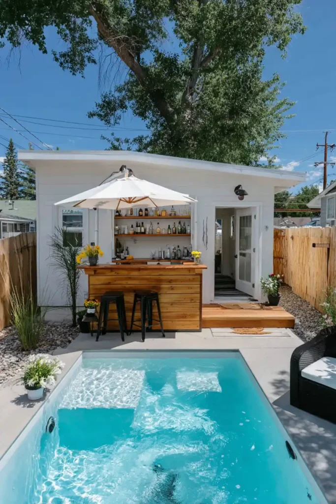 Above-ground pool with a small swim-up bar and stools for casual seating