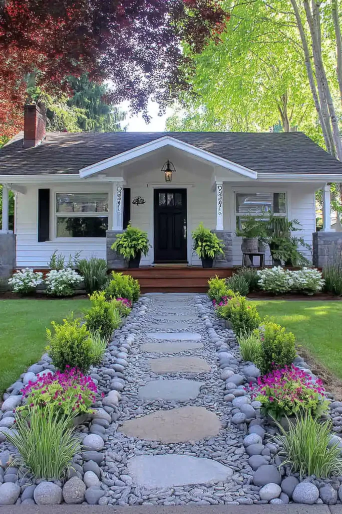 front yard with symmetrical evergreen shrubs lining a walkway to the front door