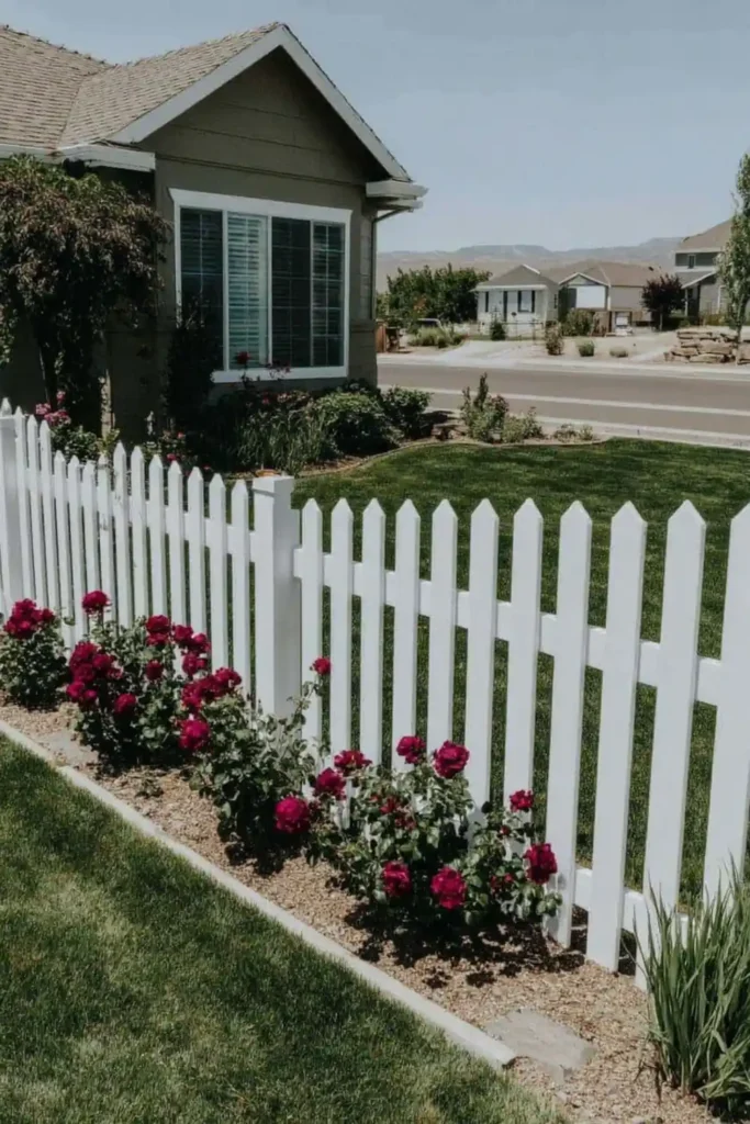 33 Privacy Fence Ideas That Make Your Yard Feel More Peaceful 19 Tall white picket fence with flowering plants along the fence line in a backyard
