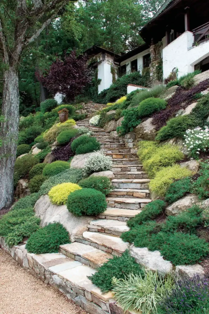 terraced garden beds with stone retaining walls on a sloped backyard