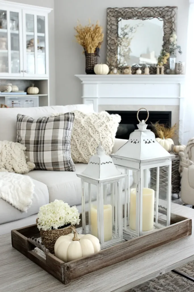 Fall Home Decor Tour: Cozy Neutral Ideas for Every Room 5 Textured fall living room with lanterns, plaid pillows, and natural seasonal accents