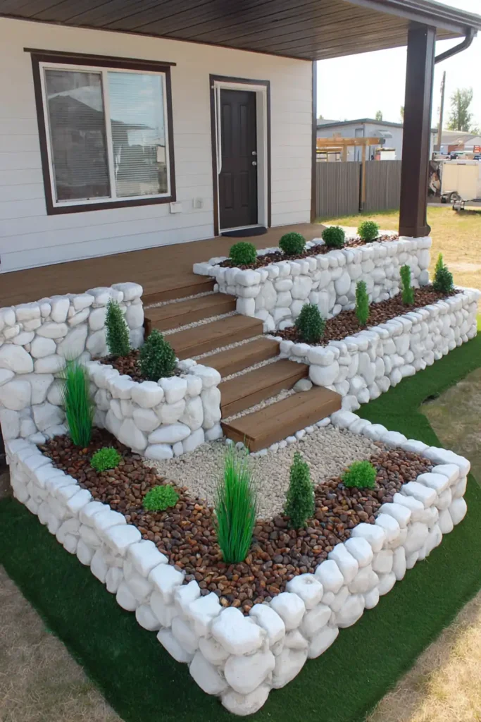 Tiered garden beds with pebbles and layered planting in a backyard