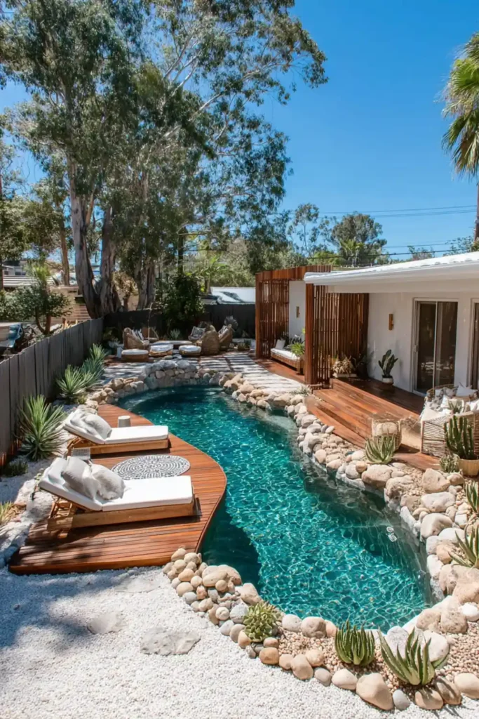 Pool deck with decorative tile detail and a low succulent border