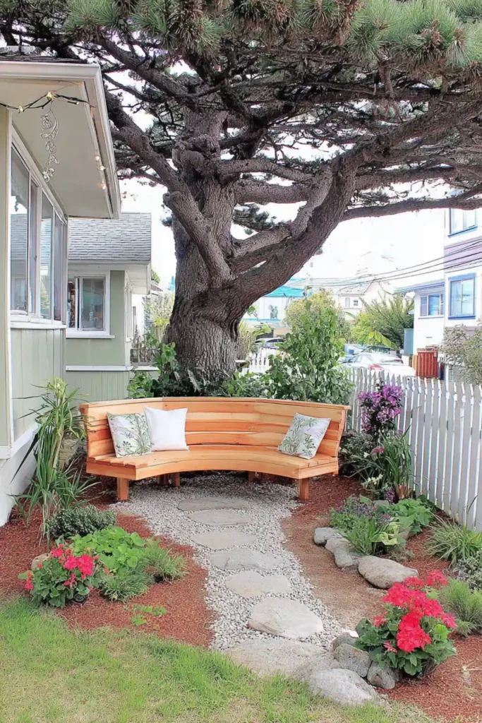 wooden bench built around a tree in a shaded front yard space