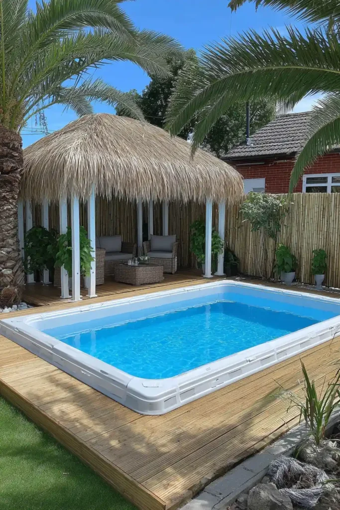 above ground pool with bamboo fencing and palm plants creating a tropical backyard