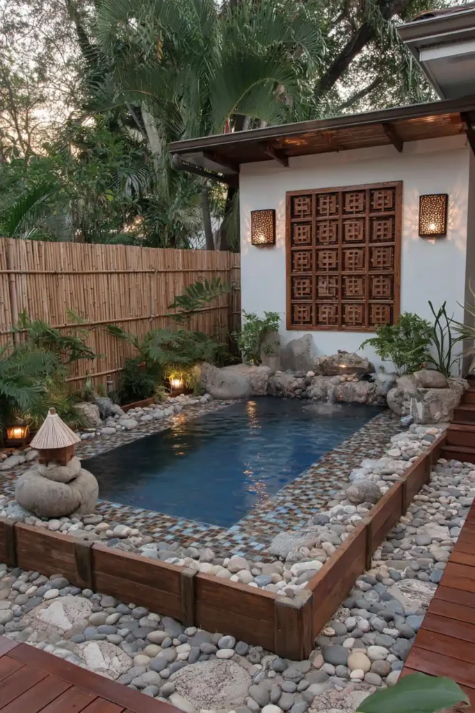 Above Ground Pool Retaining Wall Ideas That Make Your Backyard Feel Finished 8 Above ground pool area with bamboo panels and a tiki umbrella creating a tropical backyard style