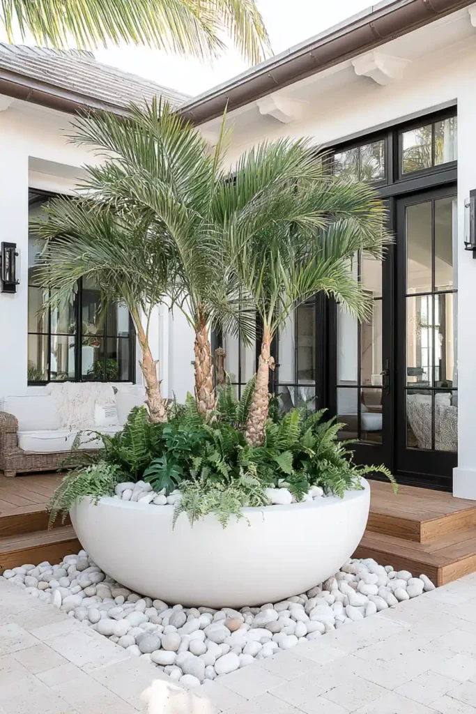White Stone Landscaping Ideas for a Clean, Modern Outdoor Space 18 Tropical plants in a planter with white stones on top of the soil