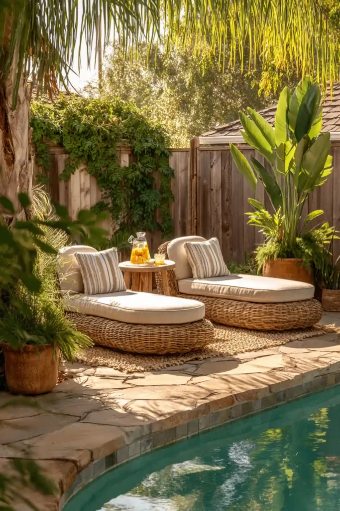 Stunning Backyard Pool Lounge Decor Ideas 3 Tropical backyard pool lounge decor with rattan furniture and palm plants