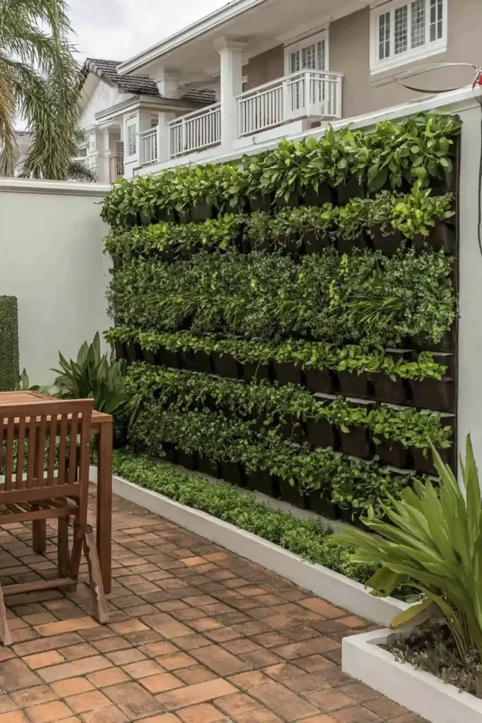 33 Privacy Fence Ideas That Make Your Yard Feel More Peaceful 30 Vertical garden wall covered with plants creating a living privacy fence in a backyard