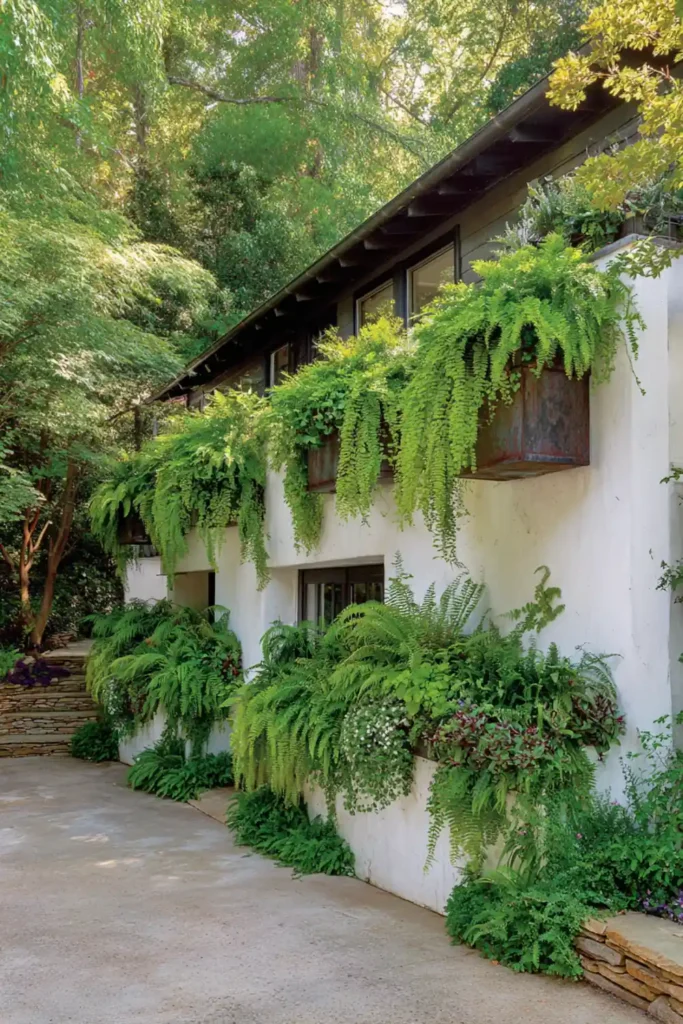 vertical wall garden with hanging planters filled with ferns and trailing plants