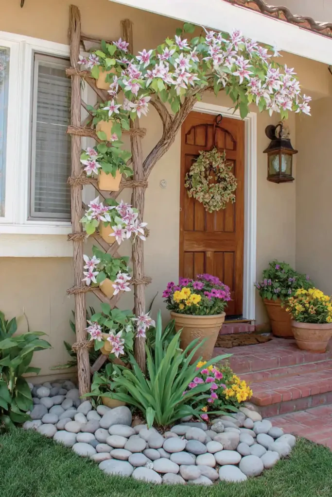 front yard with flowering tree and climbing plants on a trellis